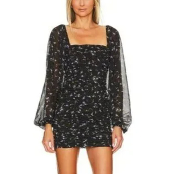 Revolve Black Floral Chiffon Mini Dress XXS Ruched Milkmaid More to Come $88 NEW - Picture 1 of 6